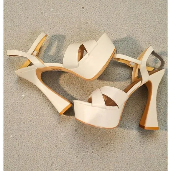 White Faux Leather Platform High Heel Sandals With Ankle Strap & Block Heel - Picture 4 of 7